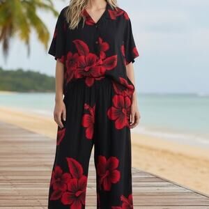 Aloha Hut Hawaii 2 Piece Set Blouse Cropped Wide Pants XL Black Red Hawaiian
